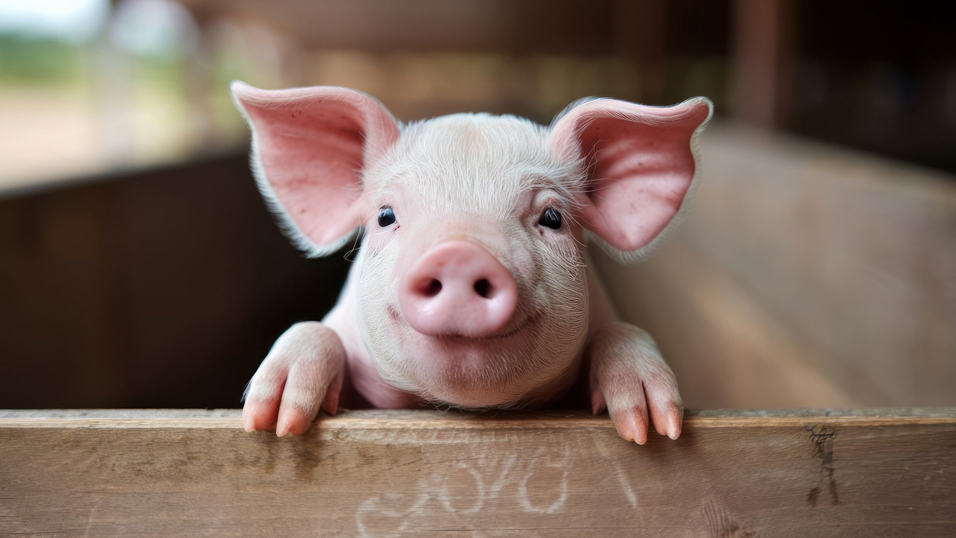 Neugieriges Ferkel schaut aus Holzstall in landwirtschaftlicher Umgebung